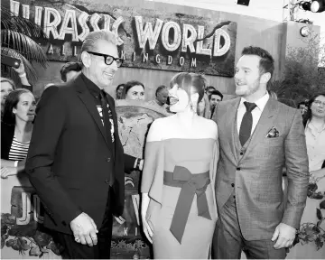  ?? — AFP photos ?? Goldblum (left to right), Howard, Pratt and Spielbert (right) arrive at the premiere of ‘Jurassic World: Fallen Kingdom’ at Walt Disney Concert Hall last Tuesday in Los Angeles, California.