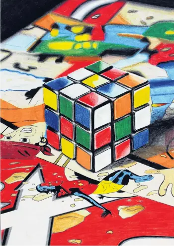  ??  ?? Retro hyperreali­sm . . . South Otago High School art pupil Kate Stewart’s drawing of a Rubik’s cube on top of a comic book shows a very high level of detail.