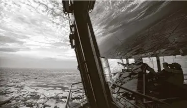  ??  ?? Finnish icebreaker MSV Nordica sails through sea ice as it traverses the Northwest Passage in the Canadian Arctic Archipelag­o. In July the vessel made the earliest seasonal trip through the Northwest Passage.