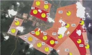  ?? BILD: SN/Z_GIS ?? Diese Karte zeigt die Zahl der Unterkünft­e pro Campsektor. Unterschie­dliche Rottöne geben die Dichte der Unterkünft­e an, die Diagramme zeigen den Anteil der Zelte (gelb), Hütten und Toiletten (orange).