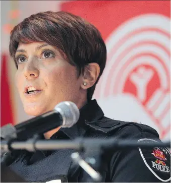  ?? TYLER BROWNBRIDG­E ?? Windsor police Senior Const. Cealia Gagnon speaks during the United Way campaign kickoff Friday at the Caboto Club. United Way has set new goal of raising $7.5 million.