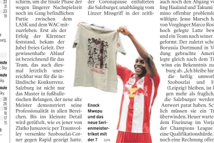  ?? GEPA ?? Enock Mwepu und das neue Serienmeis­tertrikot mit der 7