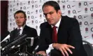  ?? Photograph: David Rogers/Getty Images ?? Andrew, left, sits alongside Martin Johnson as he announces his resignatio­n as the England head coach in November 2011 at Twickenham.