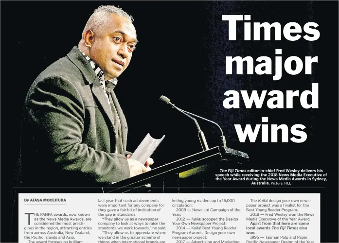  ?? Picture: FILE ?? The Fiji Times editor-in-chief Fred Wesley delivers his speech while receiving the 2018 News Media Executive of the Year Award during the News Media Awards in Sydney, Australia.