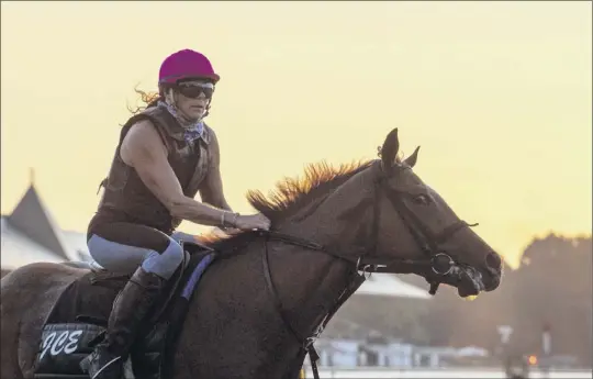  ?? Skip Dickstein/special to the Times Union. ?? Exercise rider Valeria Buck prepares to gallop a horse on Wednesday. It’s a familiar sight during the meet at Saratoga, which begins Thursday.