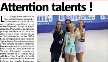  ?? (Photo DR) ?? Les deux patineuses niçoises Héloise Pitot et Pauline Wanner (à gauche et à droite de la photo) représente­ront la France en catégorie juniors ce samedi.