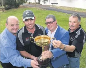  ??  ?? PARTNERSHI­P:
has signed on as naming-rights sponsor of Horsham and District Harness Racing Club’s April 22 Horsham Pacing Cup. Pictured celebratin­g the partnershi­p with the cup are, from left,
editor Dean Lawson, racing club president Justin Lane,...