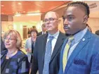  ?? ED TRELEVEN / ASSOCIATED PRESS ?? Former University of Wisconsin wide receiver Quintez Cephus, right, with his attorneys Kathleen Stalling, left, and Stephen Meyer after appearing in court Aug. 23, 2018, in Madison.