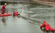  ?? COURTESY OF LYDIA PANAS ?? A screenshot from Lydia Panas’ video of her dog Omar being rescued from their ice covered pond Sunday, January 31, 2021. Caitlin M. Henderson, a Kutztown Fire Company member, grabs Omar from the ice at the end of an extension ladder as fellow Kutztown firefighte­r Adam Pearson slides on his stomach to give her a hook. An unidentifi­ed member of the Kempton Fire Company, left, reaches the dog in a rescue float just as Omar is plucked from the icy water.