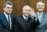  ?? EVARISTO SA/GETTY-AFP ?? Brazil’s Planning Minister Romero Juca, from left, poses with politician­s Michel Temer and Renan Calheiros.