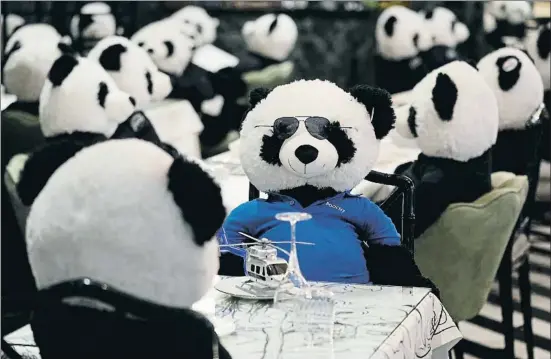  ?? RONALD WITTEK / EFE ?? Pandas de peluche en las mesas del restaurant­e Pino, en Frankfurt; el dueño vende cada uno a 150 euros para salvar su local cerrado por la Covid