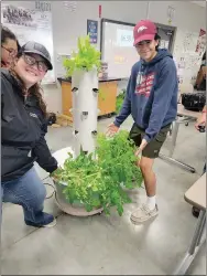  ?? Photos courtesy of Siloam Springs High School FFA ?? Students Porsche O’Neal and Mack Dominguez show off their hydroponic tower garden in a plant science class at Siloam Springs High School.