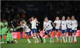  ?? Photograph: Dan Peled/Reuters ?? England's Rachel Daly (No 9) and Lucy Bronze (No 2) begin the celebratio­ns after England progress to the quarter-finals on penalties.