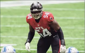  ?? Danny Karnik / Associated Press ?? Atlanta Falcons linebacker Foye Oluokun lines up during the second half against the Detroit Lions in October.