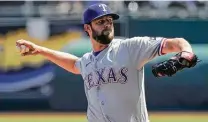  ??  ?? Rangers starting pitcher Jordan Lyles gave up two runs in 52⁄3 innings, struck out eight and allowed five hits.