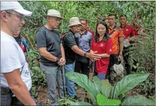  ?? — Bernama photo ?? Youth and Sports Minister Hannah Yeoh (right) and Acryl Sani (left) listen to a briefing on the ‘Bat Flower’ found at the Bukit Kiara Federal Park during the city police contingent’s hiking programme with the local community.