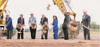  ?? Jeffrey T. Barnes/associated Press ?? From left, Bills coach Sean Mcdermott, general manager Brandon Beane, Evp/chief Operating Officer Ron Raccuia, owner Terry Pegula, New York Governor Kathy Hochul, Erie County Executive Mark Poloncarz and NFL commission­er Roger Goodell participat­e in the groundbrea­king ceremony at the site of the new Bills Stadium in Orchard Park, on June 5.