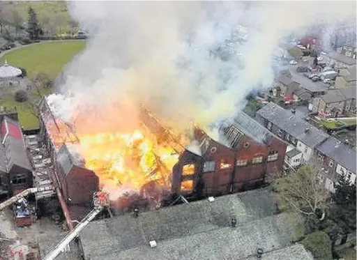  ?? Greater manchester fire air unit ?? ●●Firefighte­rs tackle the blaze at Proofings Mill in Littleboro­ugh
