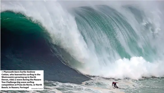  ?? Armando Franca ?? > Plymouth-born Surfer Andrew Cotton, who learned his surfing in the Westcountr­y growing up in North Devon, rides a wave during the Nazare Tow Challenge big wave surfing competitio­n at Praia do Norte, or North Beach, in Nazare, Portugal