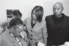  ?? Melissa Phillip / Staff photograph­er ?? Mertis Edwards, left, the mother of Shayla Joseph, along with Selena Joseph, center, and her son, Bryan, Shayla’s husband, talk to the media after Veronica Rivas’ sentencing Friday.