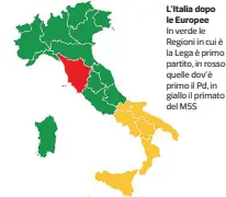  ??  ?? L’Italia dopo le Europee
In verde le Regioni in cui è la Lega è primo partito, in rosso quelle dov’è primo il Pd, in giallo il primato del M5S
