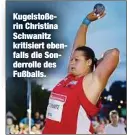  ??  ?? Kugelstoße­rin Christina Schwanitz kritisiert ebenfalls die Sonderroll­e des Fußballs.