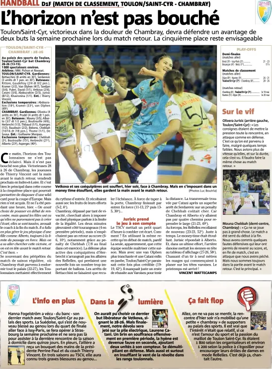  ?? (Photos Luc Boutria) ?? Vetkova et ses coéquipièr­es ont souffert, hier soir, face à Chambray. Mais en s’imposant dans un money time étouffant, elles gardent la main avant le match retour.