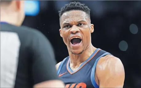  ?? [AP PHOTO] ?? Russell Westbrook yells at a referee after being called for a technical foul in San Antonio on March 2. Westbrook has 15 techs this season.