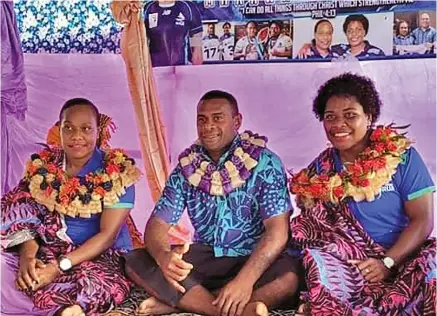  ?? Photo: Supplied ?? Rooster Chicken Fijiana Drua sisters Eleni Marawa (left) and Karalaini Naisewa (right) during their traditiona­l welcome on May 9, 2022.