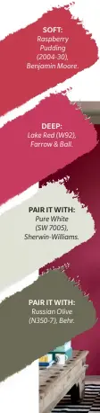  ??  ?? SOFT: Raspberry Pudding (2004-30), Benjamin Moore.
DEEP: Lake Red (W92), Farrow & Ball.
PAIR IT WITH: Pure White (SW 7005), Sherwin-Williams.
PAIR IT WITH: Russian Olive (N350-7), Behr.