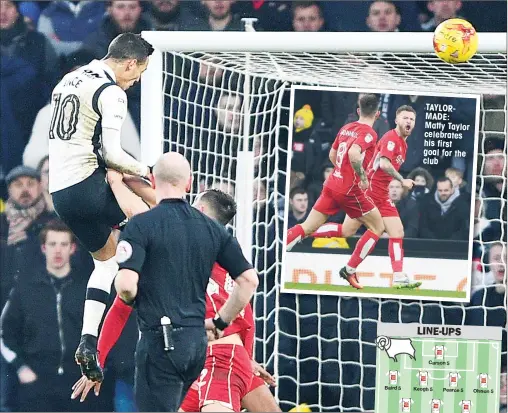  ?? PICTURES: Jon Hobley/ProSports ?? HEADS UP: Tom Ince rises to head in Derby’s second TAYLORMADE: Matty Taylor celebrates his first goal for the club