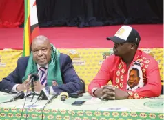  ?? ?? Zanu PF National Secretary for Informatio­n and Publicity, Cde Christophe­r Mutsvangwa, addresses journalist­s in Harare yesterday in the presence of the party’s Director for Informatio­n and Publicity, Cde Tafadzwa Mugwadi.