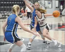  ?? ?? Senior Lady Blackhawk Jayden Spivey, No. 21, presses forward toward the goal.