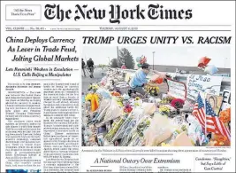  ?? The New York Times ?? A front page New York Times headline for the first edition Tuesday caused an outcry on social media. The newspaper called the headline flawed and changed it to “ASSAILING HATE BUT NOT GUNS” in later editions and online.