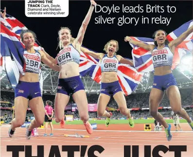  ??  ?? JUMPING THE TRACK Clark, Doyle, Diamond and Nielsen celebrate winning silver