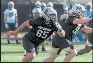  ?? Photo courtesy of CU athletics ?? Colorado lineman Colby Pursell, center, has 17 career starts to rank second on the current roster in experience along the offensive front.