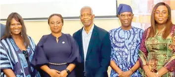  ?? ?? L-R: Nigeria Network Of NGOS Launches, Mrs. Yemisi Ransome Kuti; Executive Secretary, Lagos State Water Regulatory Commission (LASWARCO), Mrs. Funke Adepoju; Consulting Hydrogeolo­gist Services in Environmen­t, Dr. Akomeno Oteri; Prof Olufemi Idowu of Federal University of Ibadan Oyo State, and Chief Operating Officer United Nations Global Compact, Mrs. Oluwatumin­inu Onamade, during the Stakeholde­rs Engagement Meeting on Implementa­tion of drilling and Abstractio­n Guidelines and Water Stewardshi­p In Lagos State…recently .... Kola Olasupo