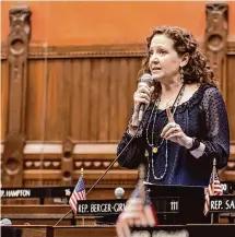  ?? Susan Coco/Contribute­d photo ?? State Rep. Aimee Berger-Girvalo, D-Ridgefield, vice chairwoman of the Transporta­tion Committee, detailed the transit section of the legislatio­n to the 36-member committee.