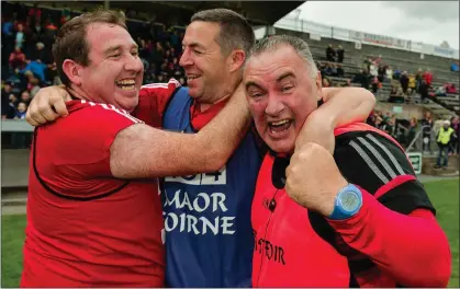  ??  ?? Frank Browne (right) celebratin­g with his backroom team after Mayo defeated Cork in the 2017 TG4 ladies’ football All-Ireland Senior championsh­ip semi-final in Cavan.