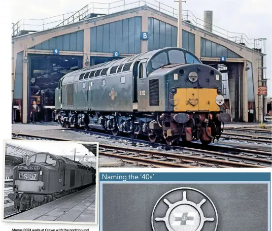  ?? R.A. WHITFIELD/RAIL PHOTOPRINT­S MIKE JEFFERIES/RAIL PHOTOPRINT­S ?? Above: D374 waits at Crewe with the northbound ‘Royal Scot’ in April 1963. Top: A fine portrait of D202 at Stratford depot in 1967. As well as its BR green with yellow warning panels, the EE Type 4 still also has its frost grilles over the large radiators.