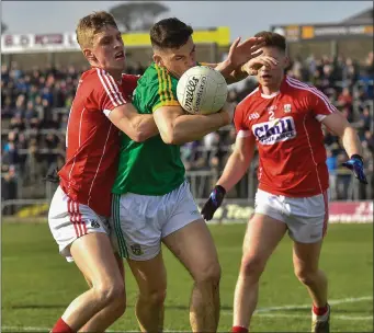  ??  ?? Donal Lenihan of Meath in action against Sean White of Cork during the Allianz Football League Division 2 Round 5 match between Meath and Cork at Páirc Tailteann in Navan Photo by Sportsfile