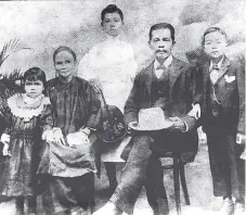  ??  ?? PIONEER SETTLERS - 1875 William & Marie Chin Len Kow and Family. Persuaded to settle in Jamaica by a Portuguese Jewish Jamaican merchant. Mr Chin and his wife landed at Black River in 1875.