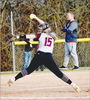  ?? MARK HUMPHREY ENTERPRISE-LEADER ?? Lincoln senior pitcher Paige Umberson faced only nine batters in leading the Lady Wolves to a 20-0 run-rule victory over Green Forest in the second game of a double-header on Tuesday, March 16. Lincoln also won the first game, 15-0.