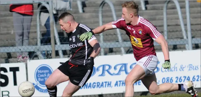  ??  ?? Adrian Marren of Sligo in action with Westmeath’s Killian Daly in Cusack Park on Sunday in the Allianz Leage Division 3 round 4 match. Marren scored four points before going off injured. Pic: John McCauley.