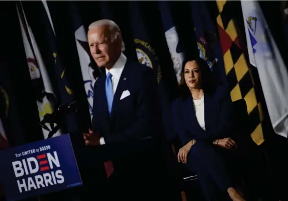  ?? (Getty) ?? Biden sharply attacked the president as he introduced senator Harris