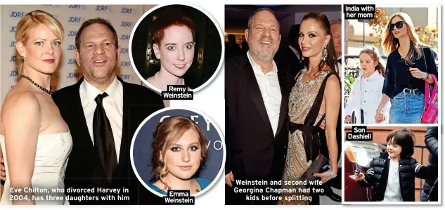  ?? ?? Eve Chilton, who divorced Harvey in 2004, has three daughters with him
Remy
Weinstein
Emma
Weinstein
Weinstein and second wife Georgina Chapman had two kids before splitting
India with her mom
Son
Dashiell