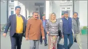  ?? HT PHOTO ?? Congress MLAs outside the Vidhan Sabha in Shimla on Thursday. The members staged a walkout over delaying the building plan of the town and country planning department.