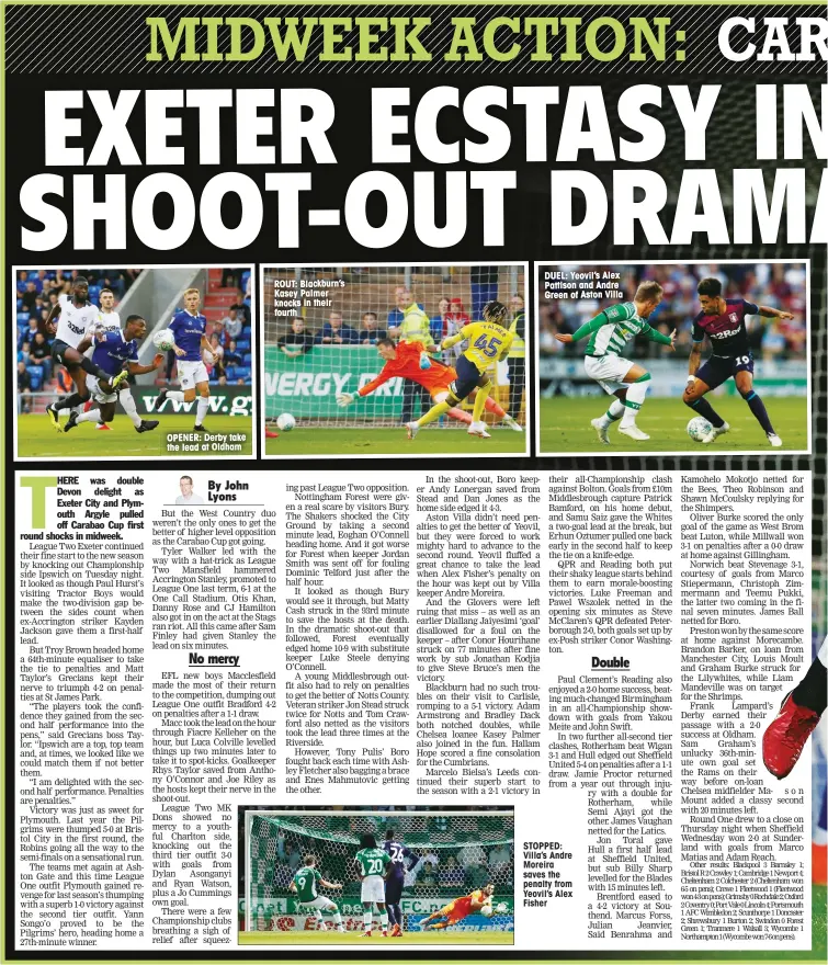  ??  ?? OPENER: Derby take the lead at Oldham ROUT: Blackburn’s Kasey Palmer knocks in their fourth DUEL: Yeovil’s Alex Pattison and Andre Green of Aston Villa STOPPED: Villa’s Andre Moreira saves the penalty from Yeovil’s Alex Fisher