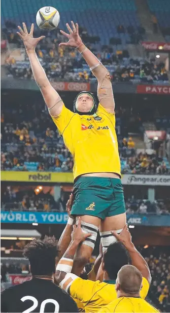  ?? Pictures: GETTY IMAGES ?? Adam Coleman (top) is lifted high in a lineout for the Wallabies and (above) celebrates with Western Force teammates in Super Rugby.