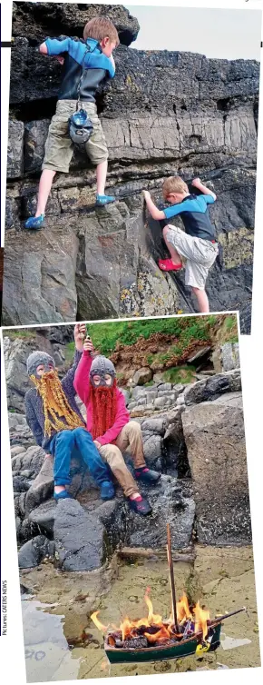  ??  ?? Life’s one big adventure: Harry, five, and Ollie, eight, go tribal (main picture), try rock climbing (top) and hold a Viking funeral